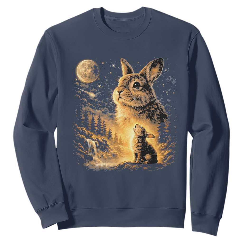 Mystical Moonlit Bunny Graphic Sweatshirt Glowing Rabbit Under Full Moon Waterfall Nature Scene TS02 Navy Print Your Wear