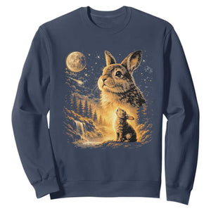 Mystical Moonlit Bunny Graphic Sweatshirt Glowing Rabbit Under Full Moon Waterfall Nature Scene TS02 Navy Print Your Wear