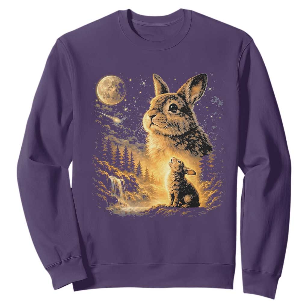 Mystical Moonlit Bunny Graphic Sweatshirt Glowing Rabbit Under Full Moon Waterfall Nature Scene TS02 Purple Print Your Wear