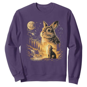 Mystical Moonlit Bunny Graphic Sweatshirt Glowing Rabbit Under Full Moon Waterfall Nature Scene TS02 Purple Print Your Wear