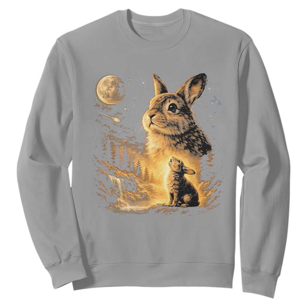 Mystical Moonlit Bunny Graphic Sweatshirt Glowing Rabbit Under Full Moon Waterfall Nature Scene TS02 Sport Gray Print Your Wear