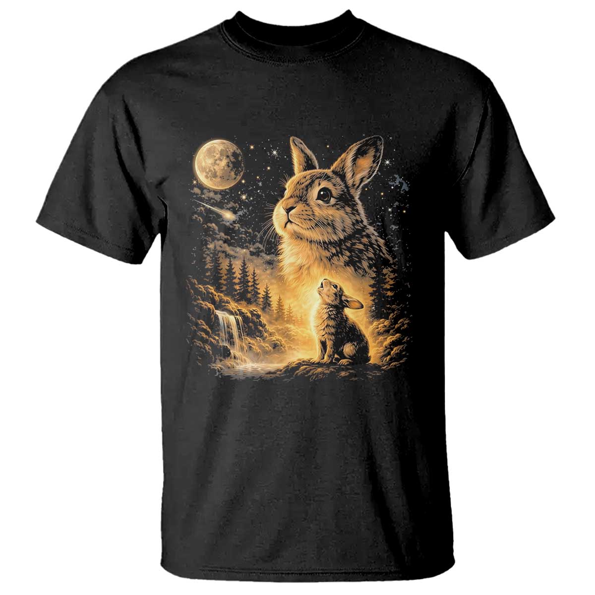 Mystical Moonlit Bunny Graphic T Shirt Glowing Rabbit Under Full Moon Waterfall Nature Scene TS02 Black Print Your Wear