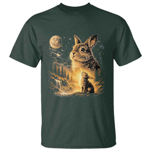 Mystical Moonlit Bunny Graphic T Shirt Glowing Rabbit Under Full Moon Waterfall Nature Scene TS02 Dark Forest Green Print Your Wear