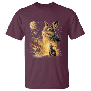 Mystical Moonlit Bunny Graphic T Shirt Glowing Rabbit Under Full Moon Waterfall Nature Scene TS02 Maroon Print Your Wear