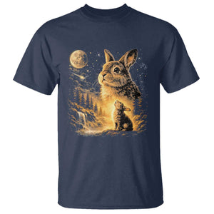Mystical Moonlit Bunny Graphic T Shirt Glowing Rabbit Under Full Moon Waterfall Nature Scene TS02 Navy Print Your Wear