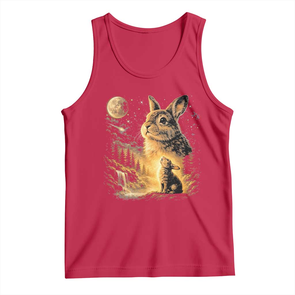 Mystical Moonlit Bunny Graphic Tank Top Glowing Rabbit Under Full Moon Waterfall Nature Scene TS02 Red Print Your Wear