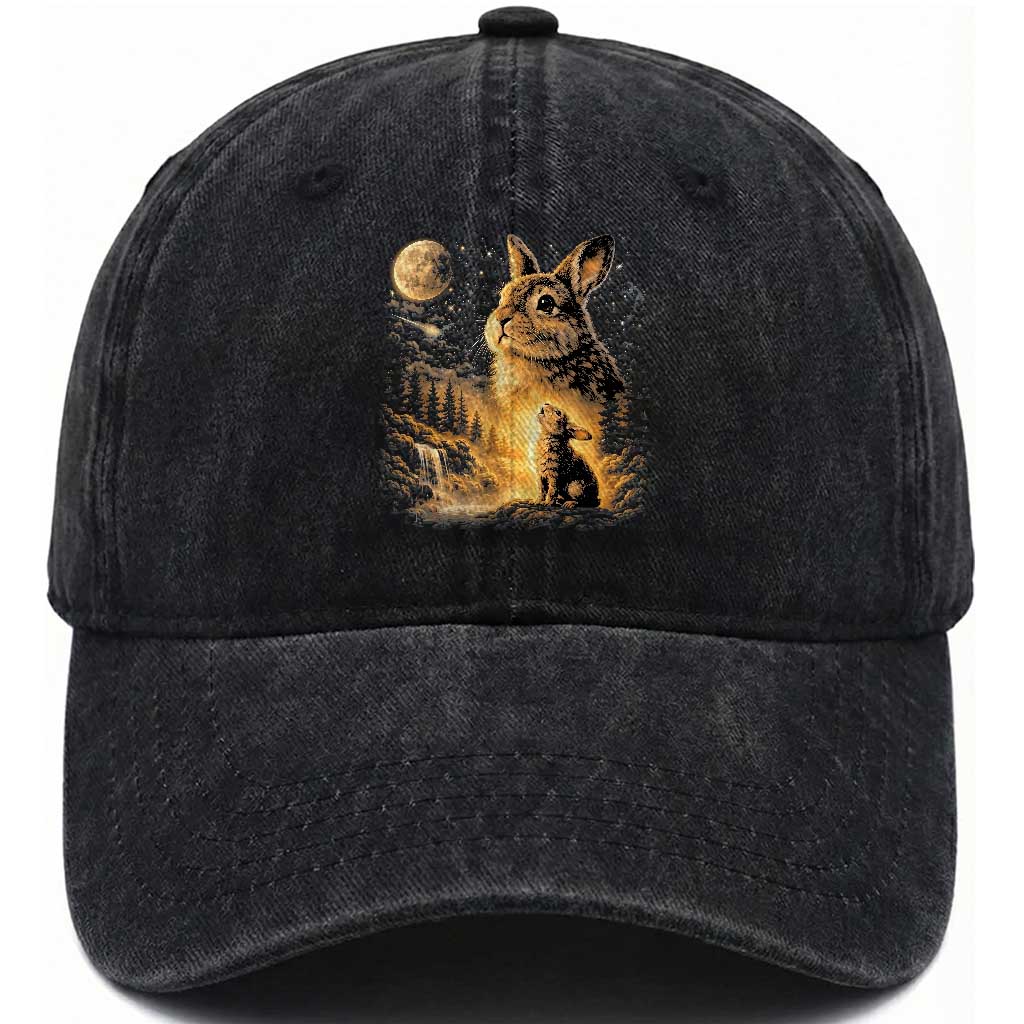 Mystical Moonlit Bunny Graphic Washed Cotton Baseball Cap Glowing Rabbit Under Full Moon Waterfall Nature Scene TS02 Print Your Wear