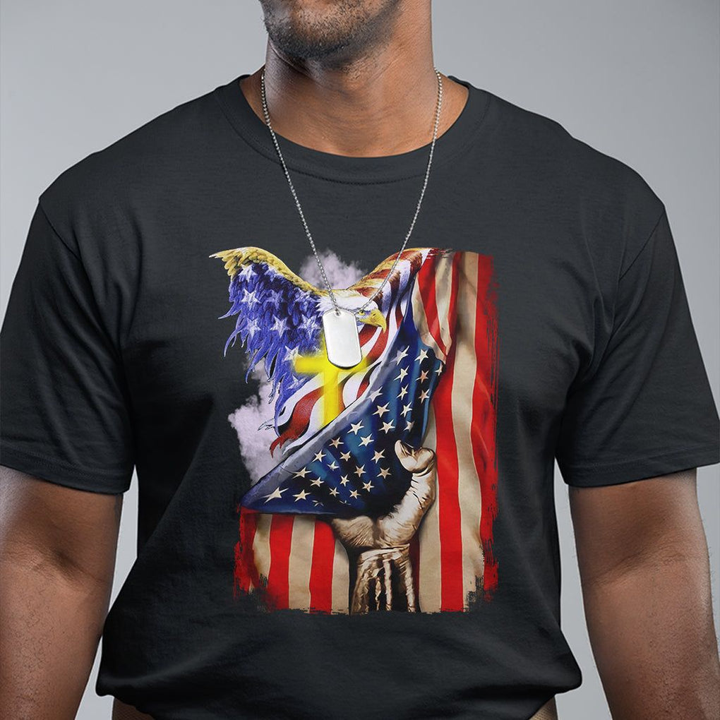 Patriotic American Eagle T Shirt US Flag Christian Cross One Nation Under God TS02 Black Print Your Wear