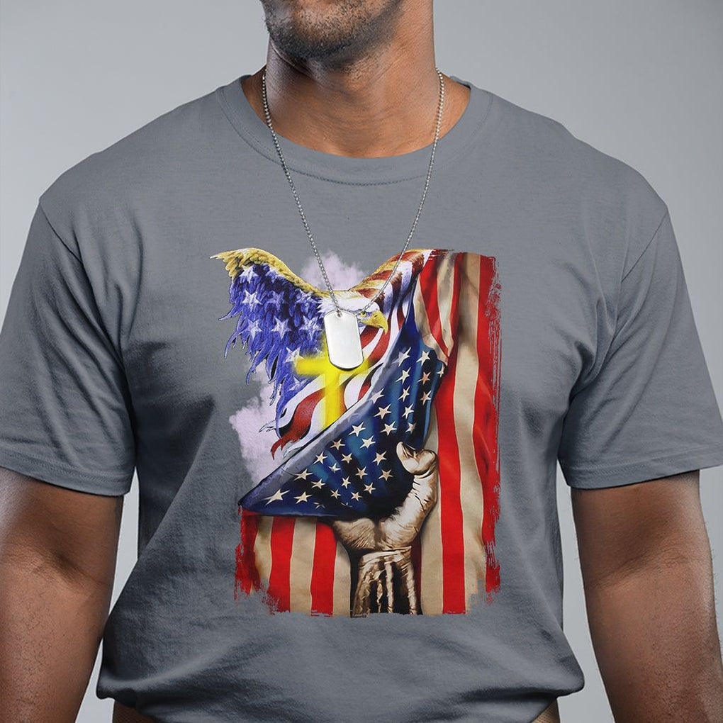 Patriotic American Eagle T Shirt US Flag Christian Cross One Nation Under God TS02 Charcoal Print Your Wear