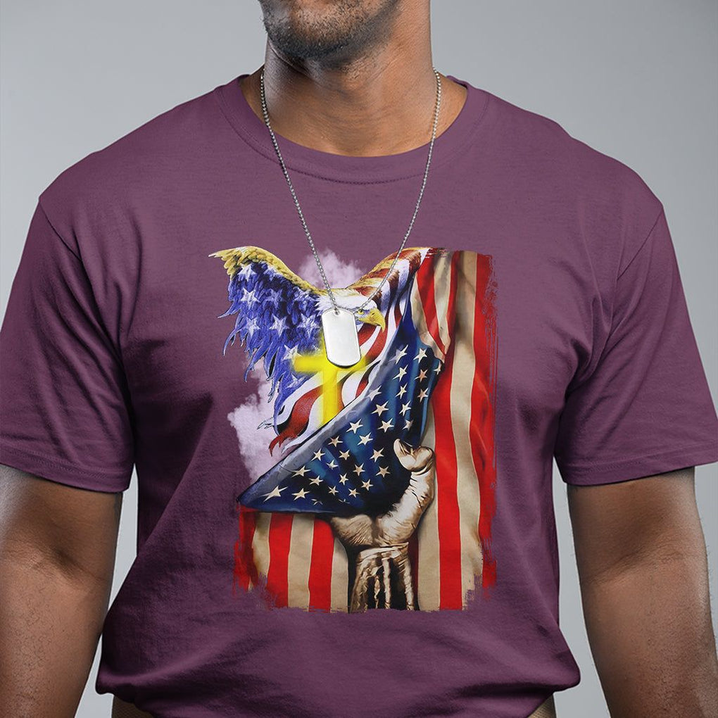Patriotic American Eagle T Shirt US Flag Christian Cross One Nation Under God TS02 Maroon Print Your Wear