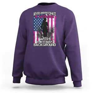 Female Veteran Sweatshirt Never Underestimate A Woman With Military Background American Flag TS02 Purple Printyourwear