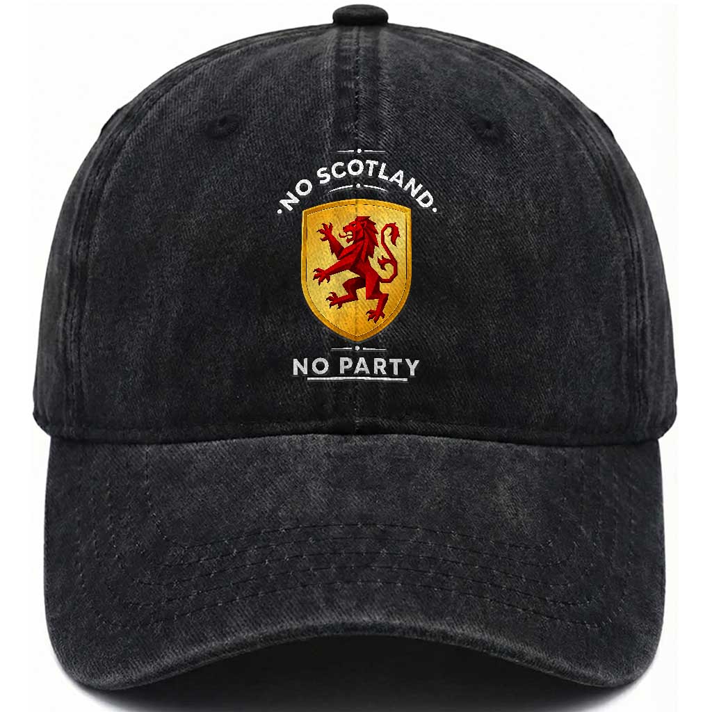 No Scotland No Party Gold Heraldic Shield Red Lion Rampant Washed Cotton Baseball Cap Game Day Soccer Fans Football Tournament TS02 Print Your Wear