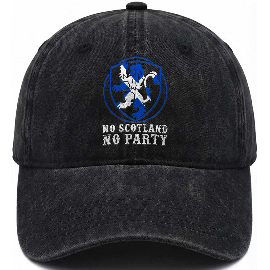 No Scotland No Party Distressed Shield Saltire Cross Washed Cotton Baseball Cap Vintage Football Fans Game Day TS02 Print Your Wear