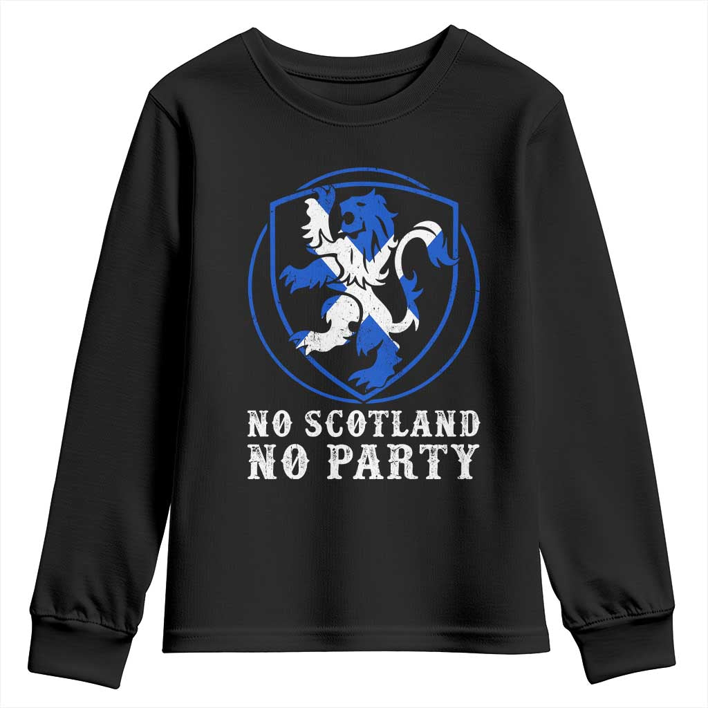 No Scotland No Party Distressed Shield Saltire Cross Youth Sweatshirt Vintage Football Fans Game Day TS02 Black Print Your Wear