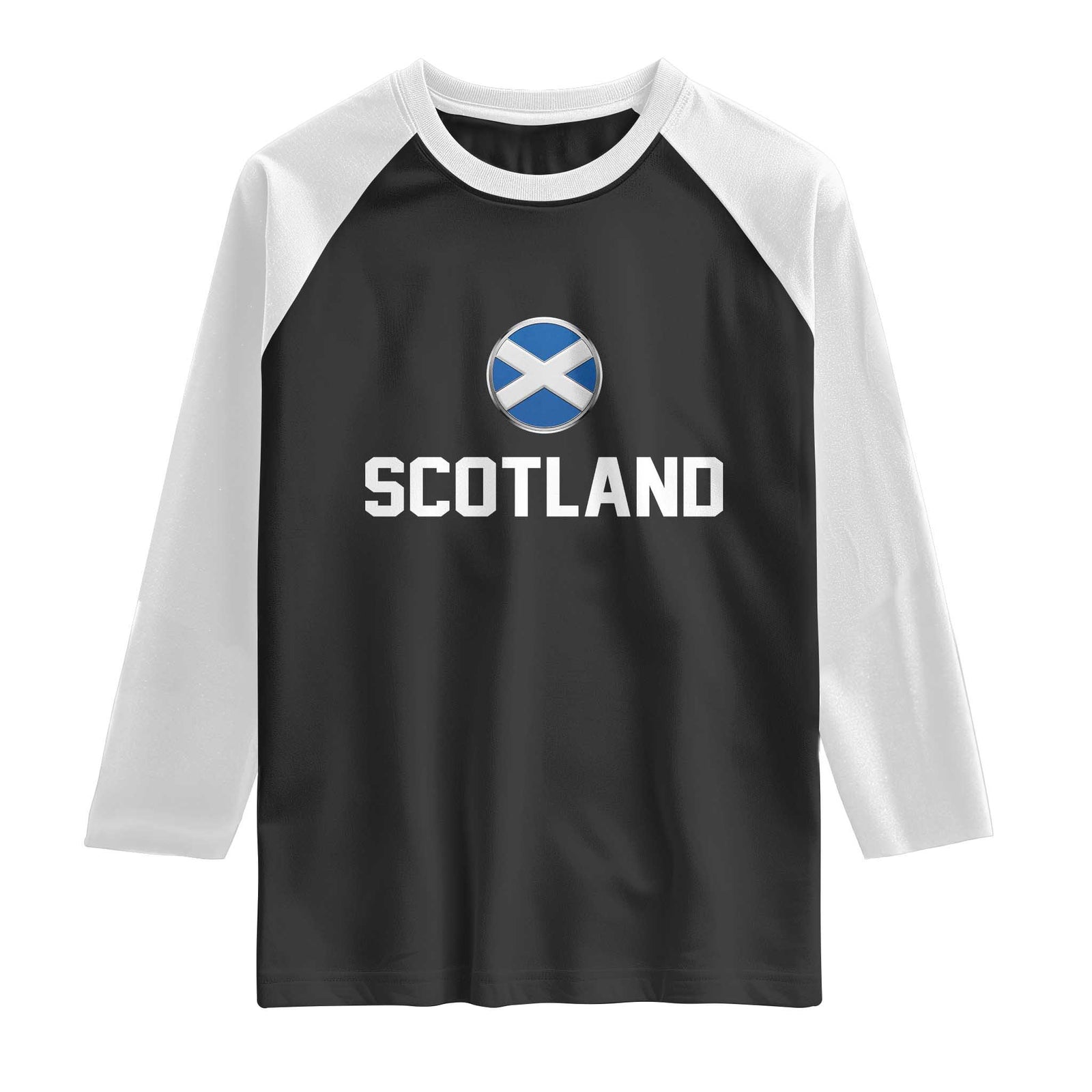 Scotland Round Saltire Flag Emblem Raglan Shirt Classic Varsity Typography Sports Fans TS02 Black White Print Your Wear