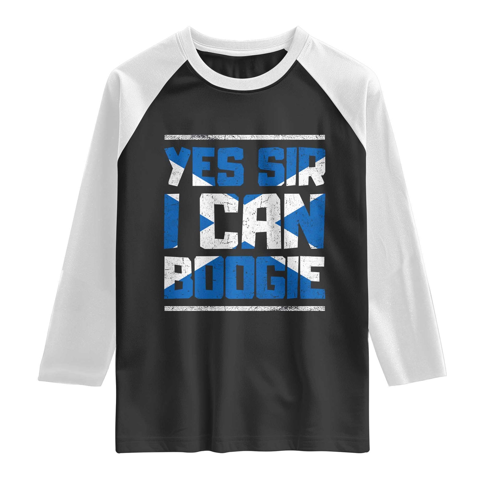 Funny Scottish Anthem Fan Saltire Flag Raglan Shirt Yes Sir I Can Boogie Sports Style Scotland Football Supporters TS02 Black White Print Your Wear