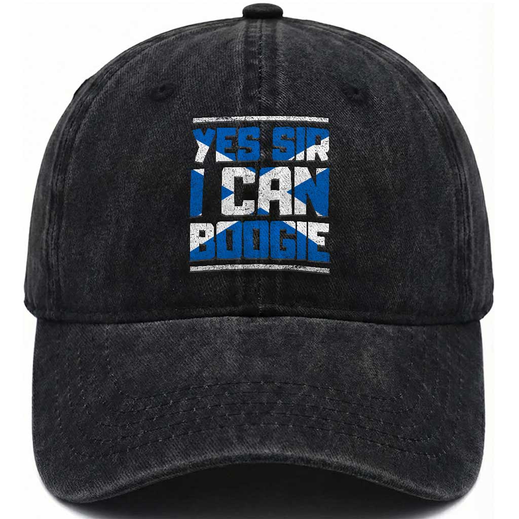 Funny Scottish Anthem Fan Saltire Flag Washed Cotton Baseball Cap Yes Sir I Can Boogie Sports Style Scotland Football Supporters TS02 Print Your Wear