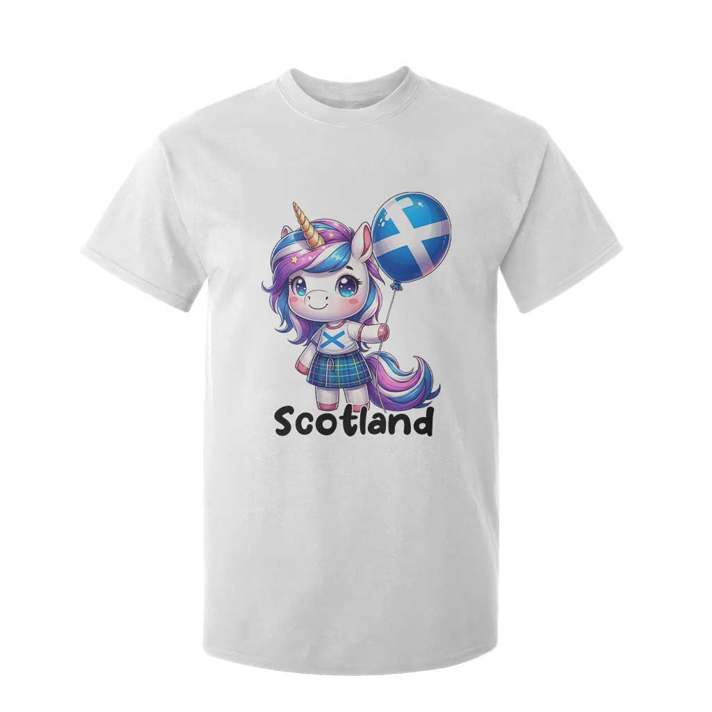 Cute Unicorn Wearing Tartan Kilt Holding Saltire Flag Graphic T Shirt For Kid TS02 White Print Your Wear
