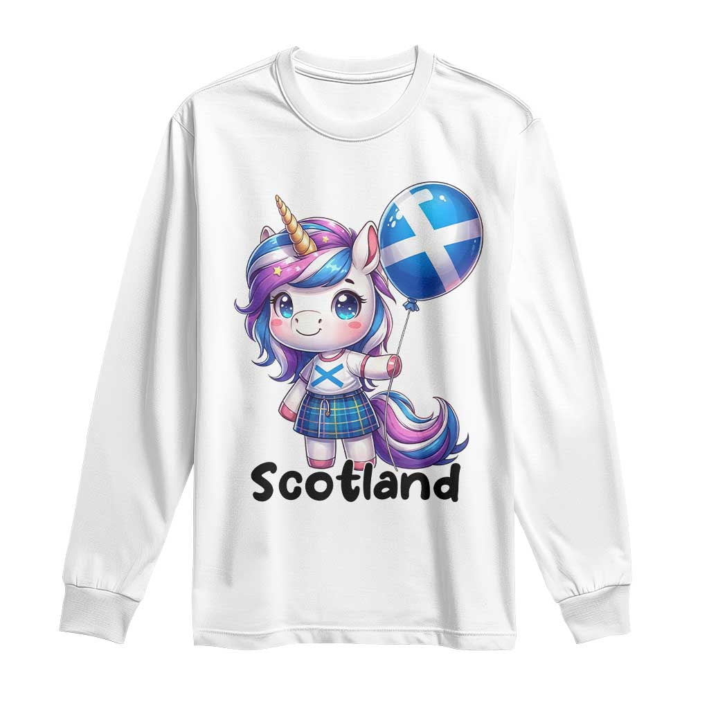 Cute Unicorn Wearing Tartan Kilt Holding Saltire Flag Graphic Long Sleeve Shirt TS02 White Print Your Wear