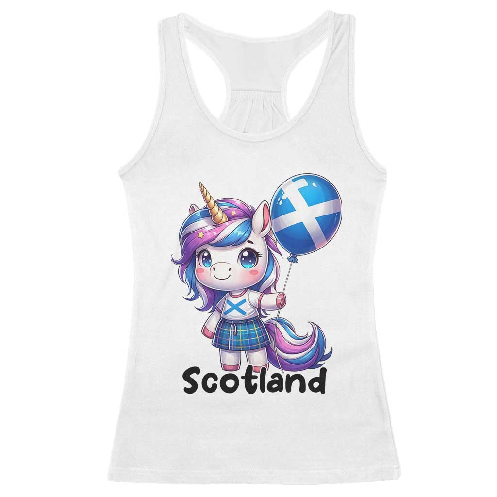 Cute Unicorn Wearing Tartan Kilt Holding Saltire Flag Graphic Racerback Tank Top TS02 White Print Your Wear