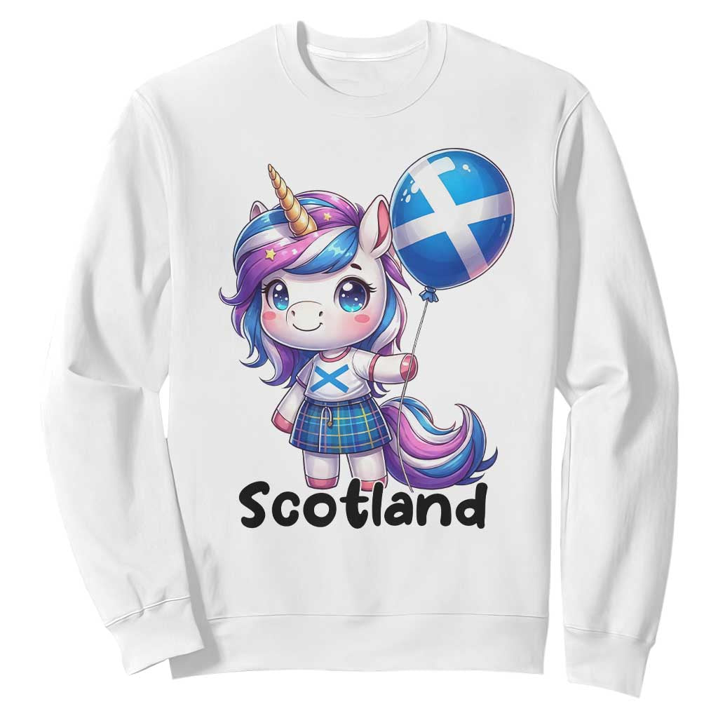 Cute Unicorn Wearing Tartan Kilt Holding Saltire Flag Graphic Sweatshirt TS02 White Print Your Wear