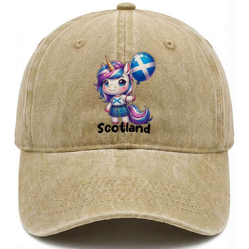 Cute Unicorn Wearing Tartan Kilt Holding Saltire Flag Graphic Washed Cotton Baseball Cap TS02 Print Your Wear