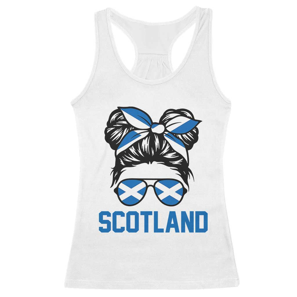Scotland Messy Bun Hair Saltire Flag Ribbon Bow Racerback Tank Top Scottish Pride for Girls Women TS02 White Print Your Wear