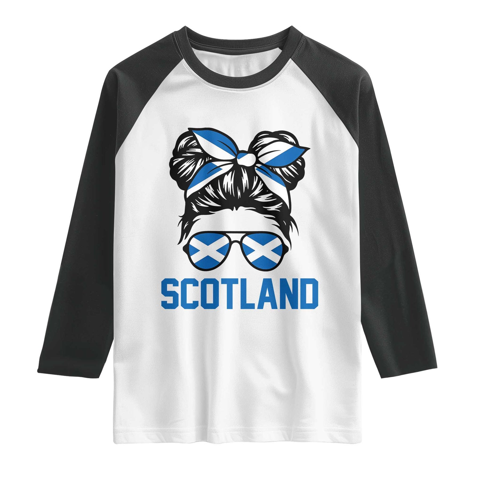 Scotland Messy Bun Hair Saltire Flag Ribbon Bow Raglan Shirt Scottish Pride for Girls Women TS02 White Black Print Your Wear