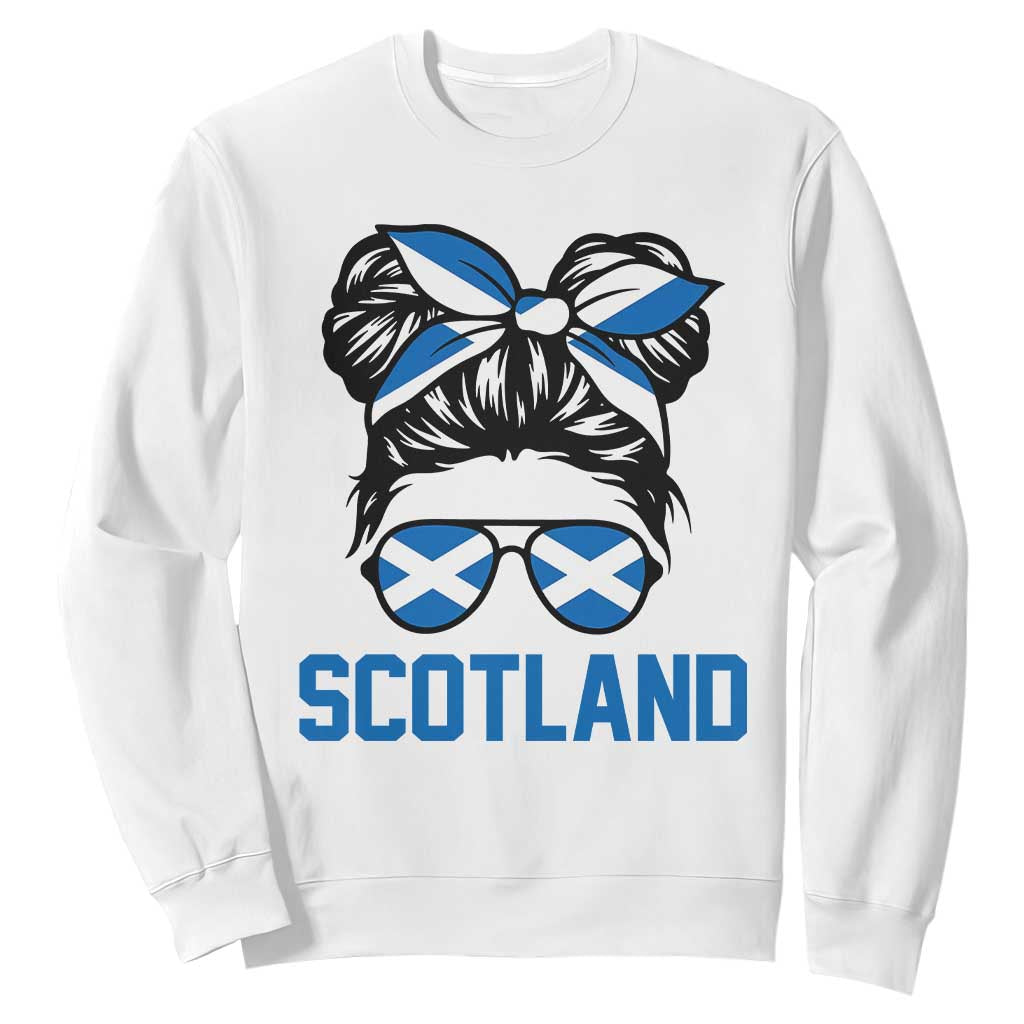 Scotland Messy Bun Hair Saltire Flag Ribbon Bow Sweatshirt Scottish Pride for Girls Women TS02 White Print Your Wear