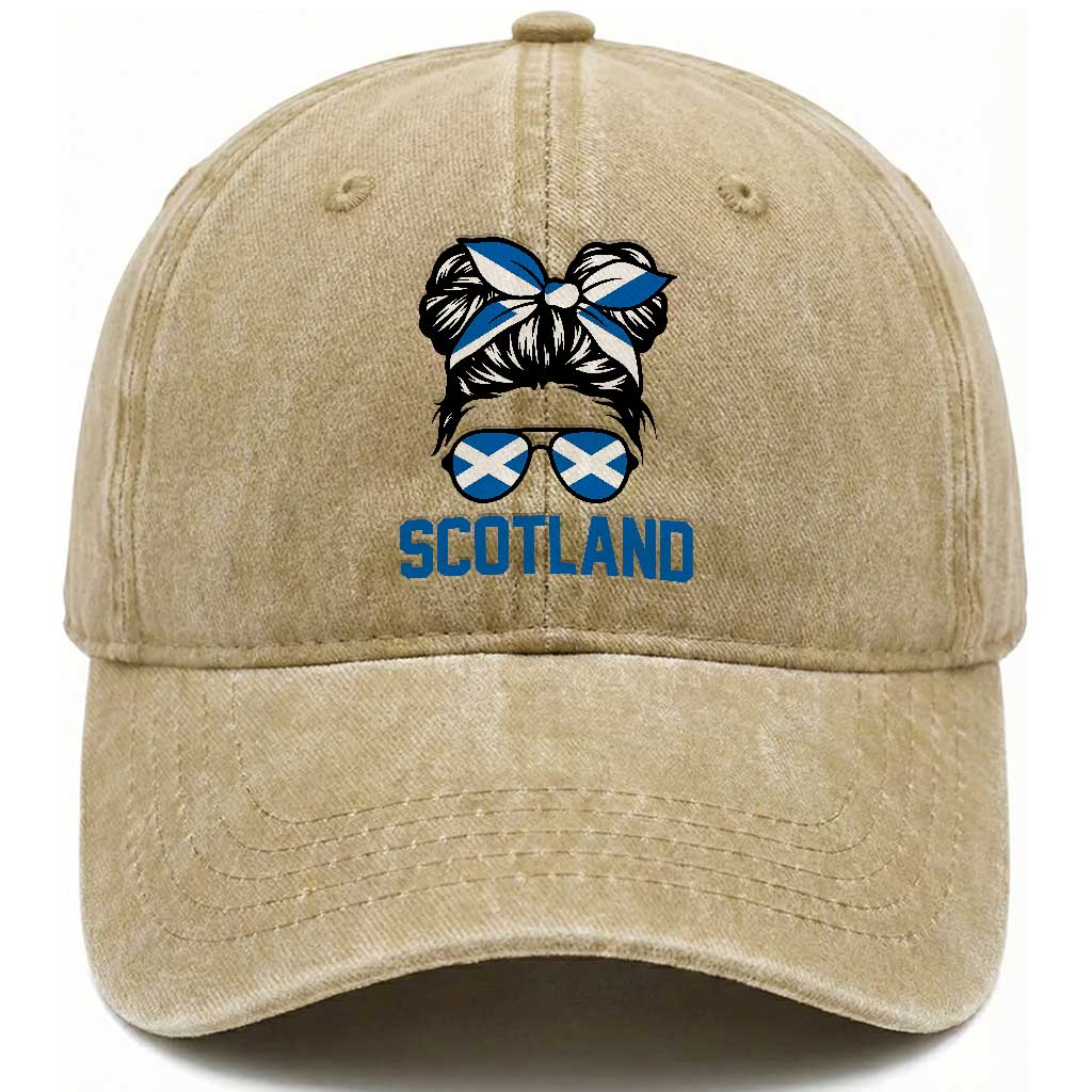 Scotland Messy Bun Hair Saltire Flag Ribbon Bow Washed Cotton Baseball Cap Scottish Pride for Girls Women TS02 Print Your Wear