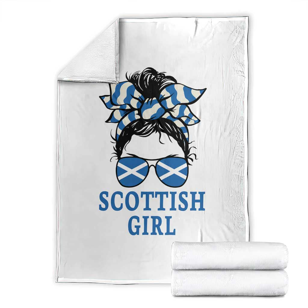 Scottish Girl Messy Bun Hair Saltire Flag Ribbon Bow Throw Blanket Scotland Pride for Girls Women TS02 White Print Your Wear