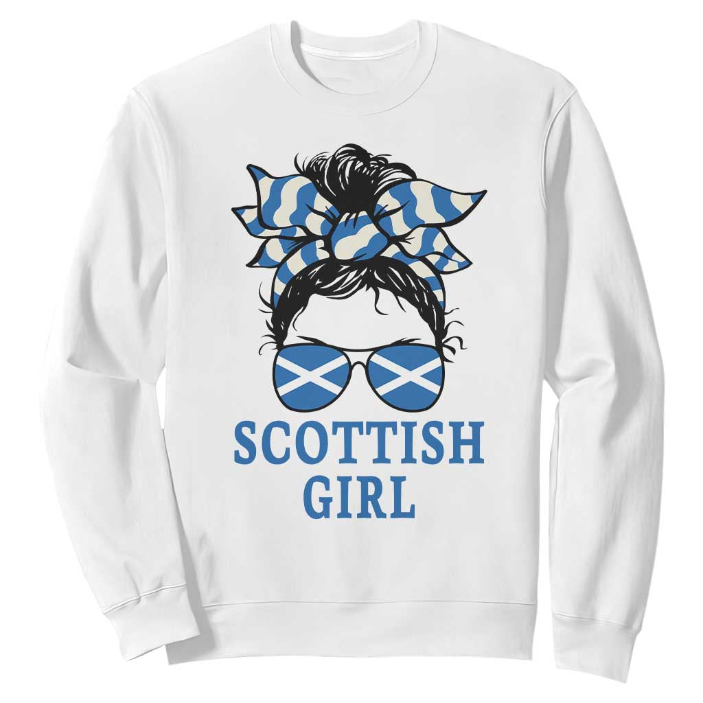 Scottish Girl Messy Bun Hair Saltire Flag Ribbon Bow Sweatshirt Scotland Pride for Girls Women TS02 White Print Your Wear