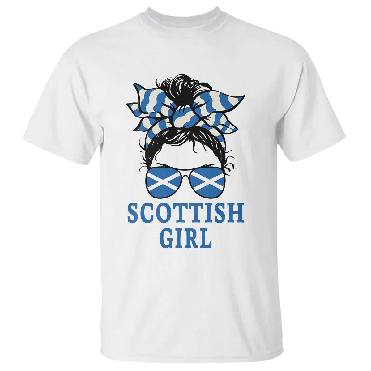 Scottish Girl Messy Bun Hair Saltire Flag Ribbon Bow T Shirt Scotland Pride for Girls Women TS02 White Print Your Wear
