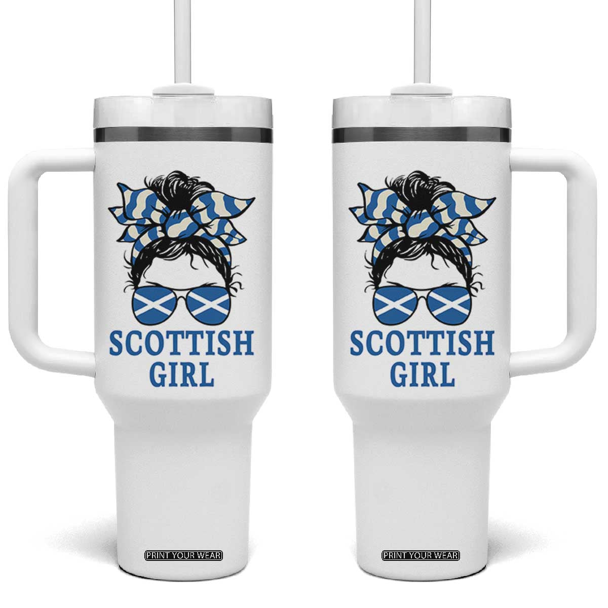 Scottish Girl Messy Bun Hair Saltire Flag Ribbon Bow Tumbler With Handle Scotland Pride for Girls Women TS02 One Size: 40 oz White Print Your Wear