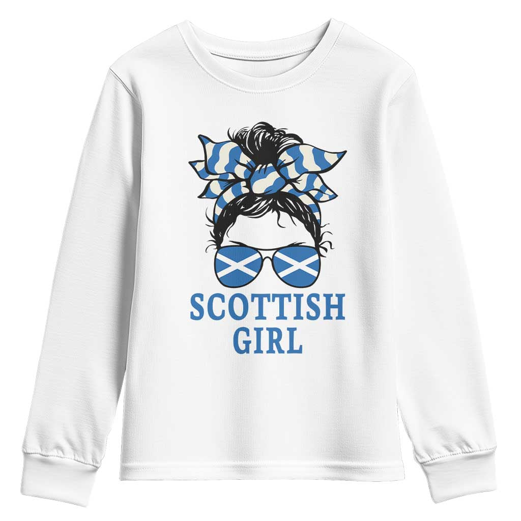 Scottish Girl Messy Bun Hair Saltire Flag Ribbon Bow Youth Sweatshirt Scotland Pride for Girls Women TS02 White Print Your Wear
