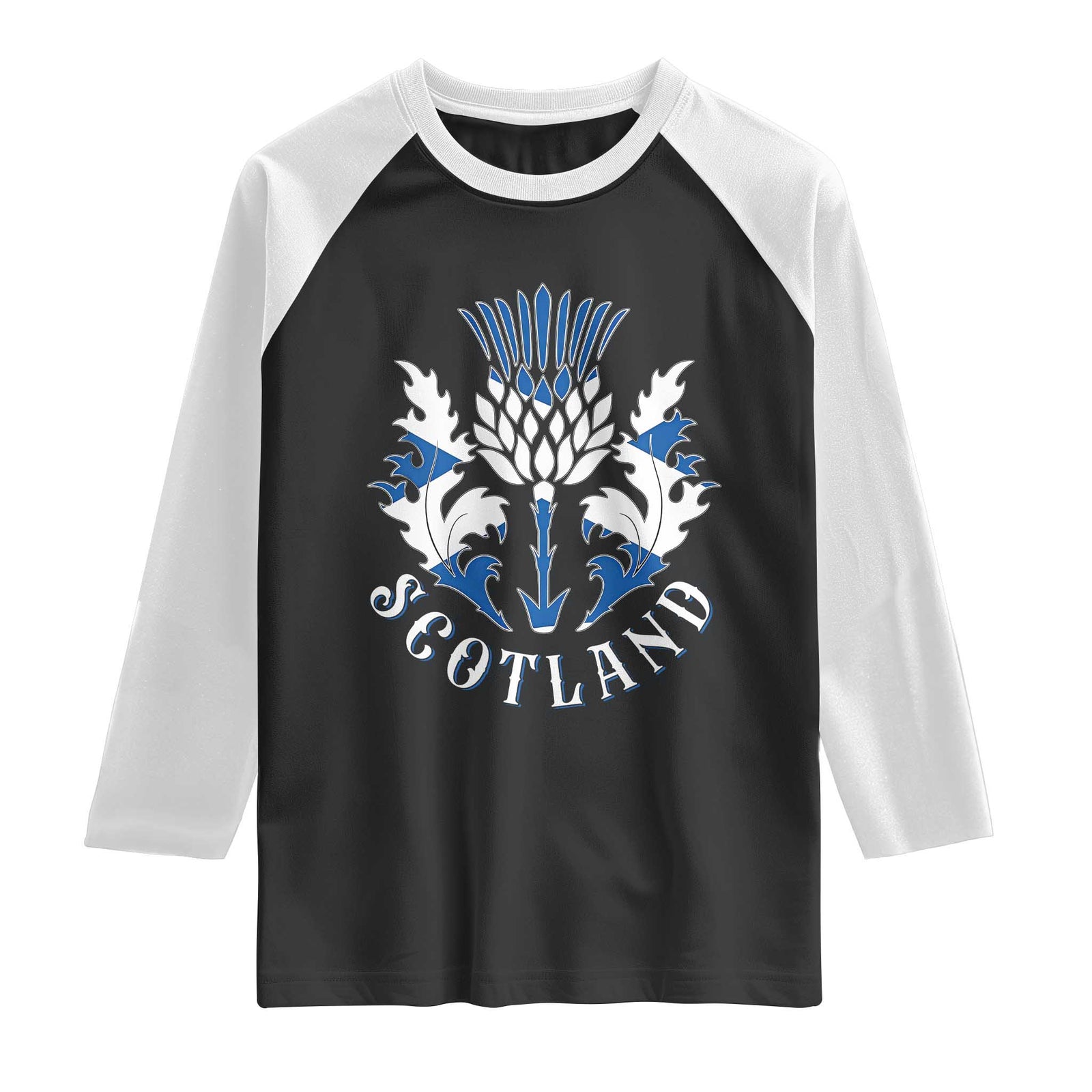 Scotland Thistle Floral Emblem Raglan Shirt Stylized Gothic Heraldry Scottish Heritage Pride TS02 Black White Print Your Wear
