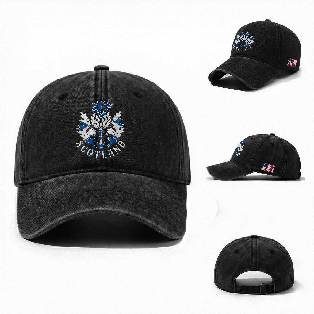 Scotland Thistle Floral Emblem Washed Cotton Baseball Cap Stylized Gothic Heraldry Scottish Heritage Pride TS02 Washed Cap Universal Fit Black Print Your Wear