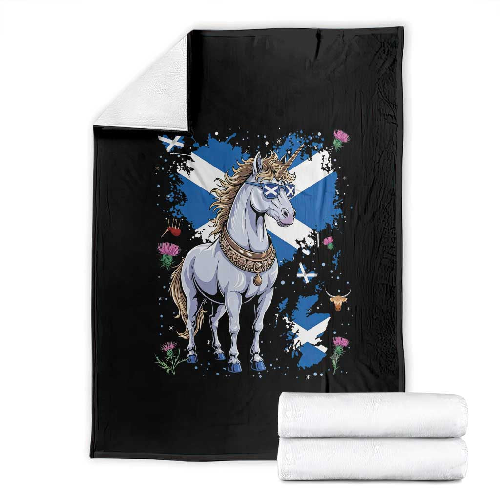 Majestic Scottish Unicorn Wearing Saltire Sunglasses Graphic Throw Blanket Floral Thistles Scottish Heritage Pride TS02 Black Print Your Wear