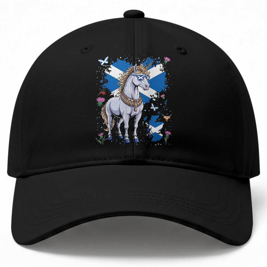 Majestic Scottish Unicorn Wearing Saltire Sunglasses Graphic Baseball Cap Floral Thistles Scottish Heritage Pride TS02 Print Your Wear