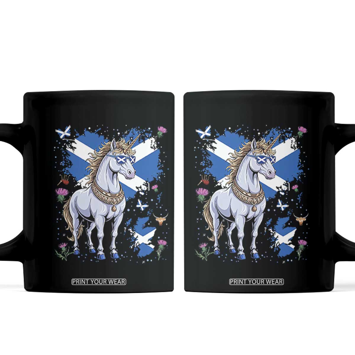 Majestic Scottish Unicorn Wearing Saltire Sunglasses Graphic Coffee Mug Floral Thistles Scottish Heritage Pride TS02 Black Print Your Wear