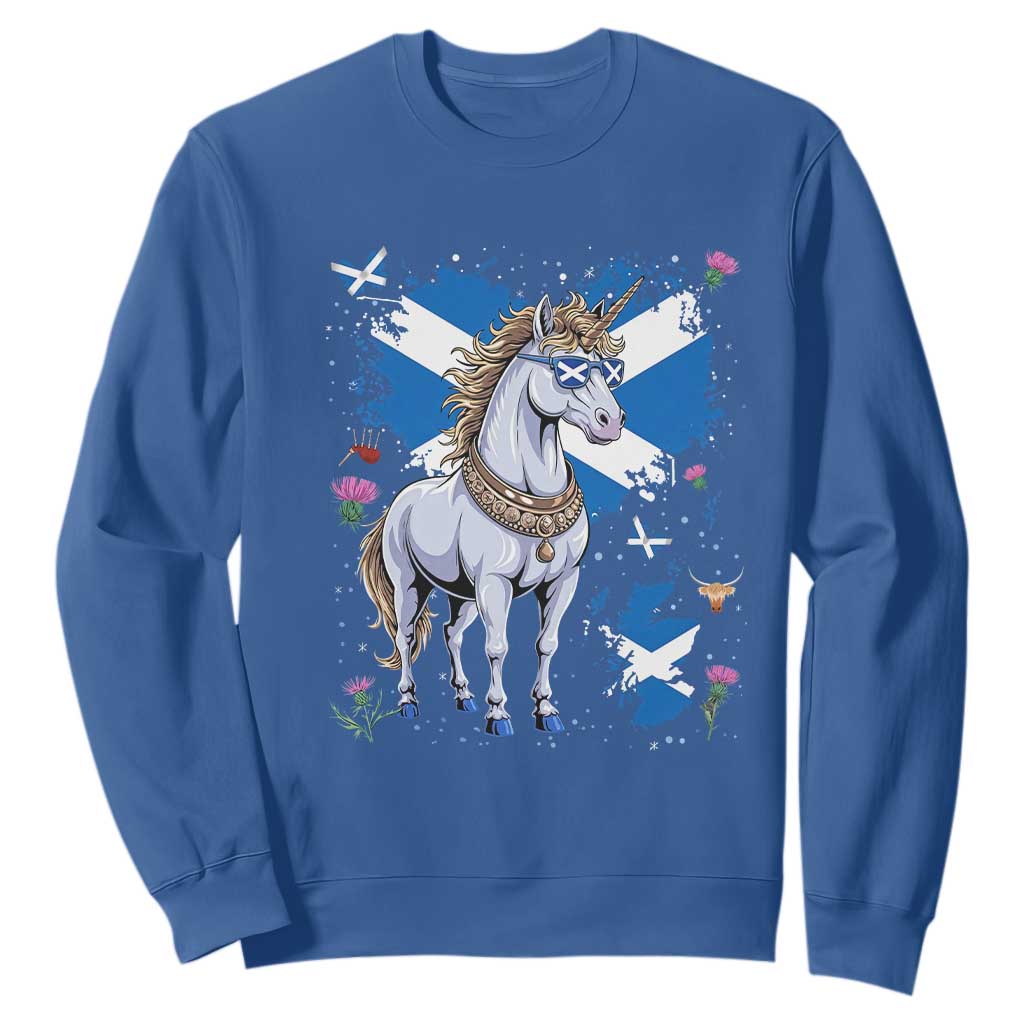 Majestic Scottish Unicorn Wearing Saltire Sunglasses Graphic Sweatshirt Floral Thistles Scottish Heritage Pride TS02 Royal Blue Print Your Wear