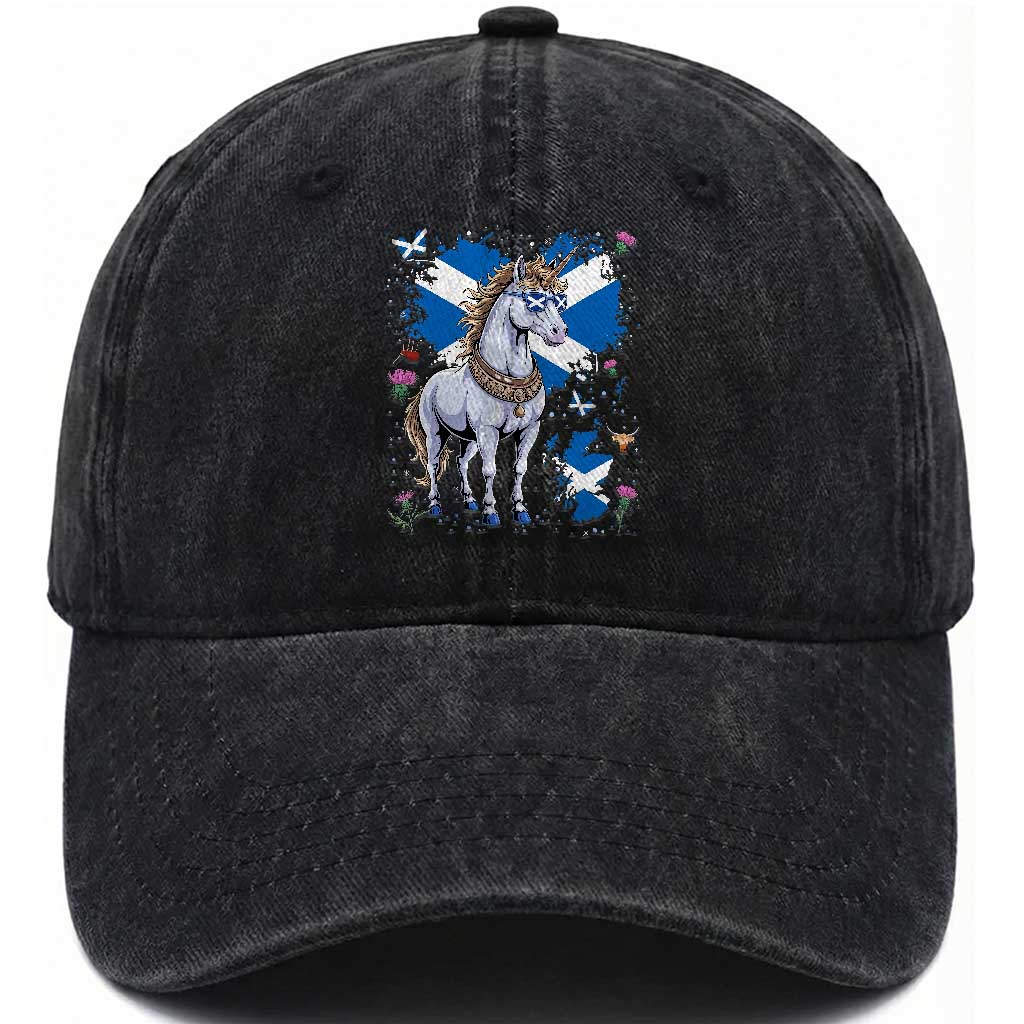 Majestic Scottish Unicorn Wearing Saltire Sunglasses Graphic Washed Cotton Baseball Cap Floral Thistles Scottish Heritage Pride TS02 Print Your Wear