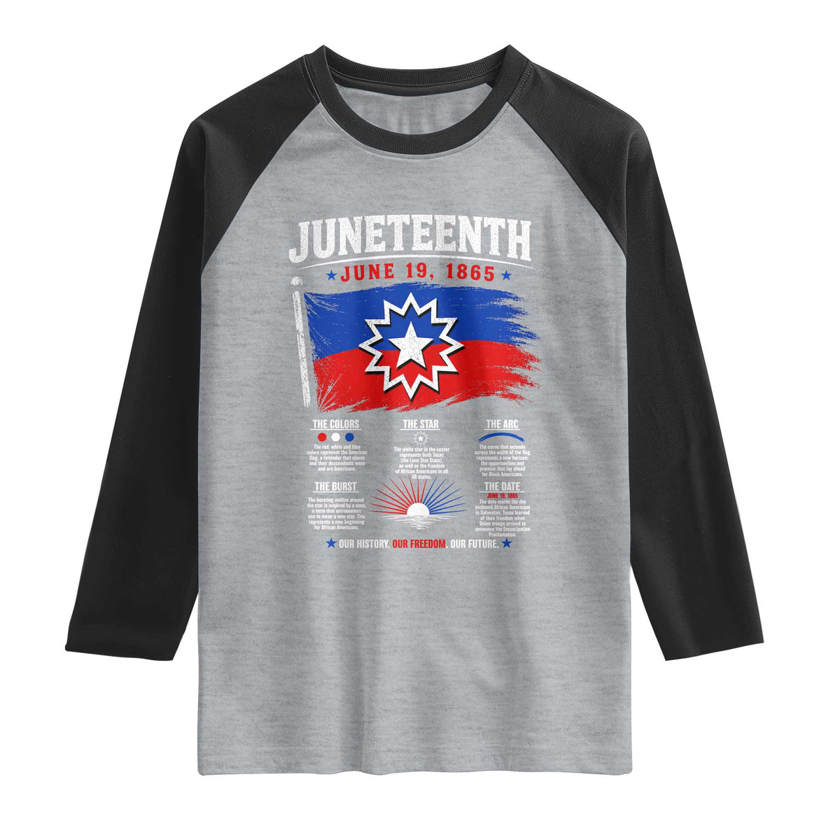 Educational Juneteenth Flag Symbolism Infographic Raglan Shirt Freedom Day June 19 1865 History Meaning TS02 Heather Gray Black Print Your Wear