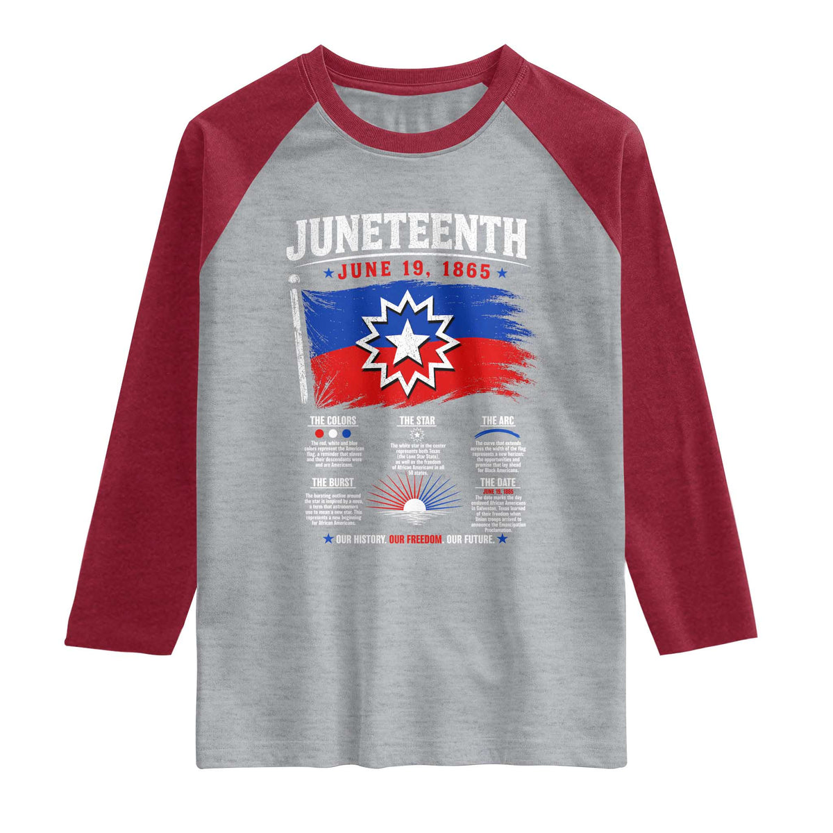 Educational Juneteenth Flag Symbolism Infographic Raglan Shirt Freedom Day June 19 1865 History Meaning TS02 Heather Gray Heather Red Print Your Wear