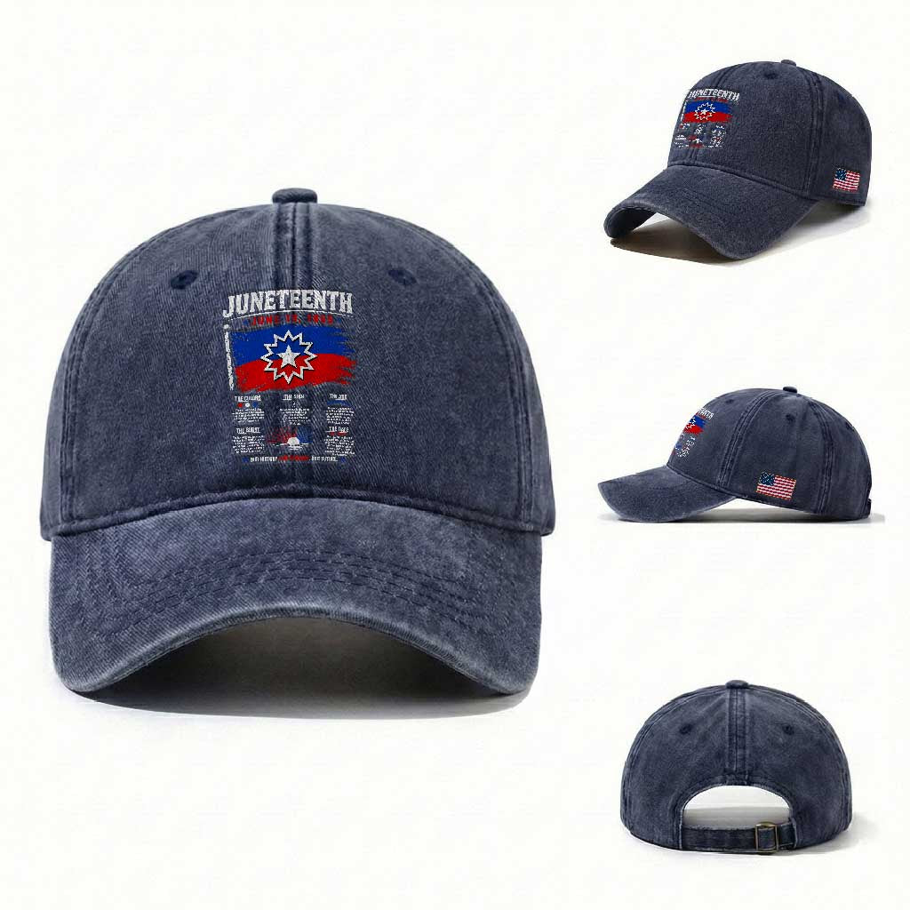 Educational Juneteenth Flag Symbolism Infographic Washed Cotton Baseball Cap Freedom Day June 19 1865 History Meaning TS02 Washed Cap Universal Fit Navy Print Your Wear