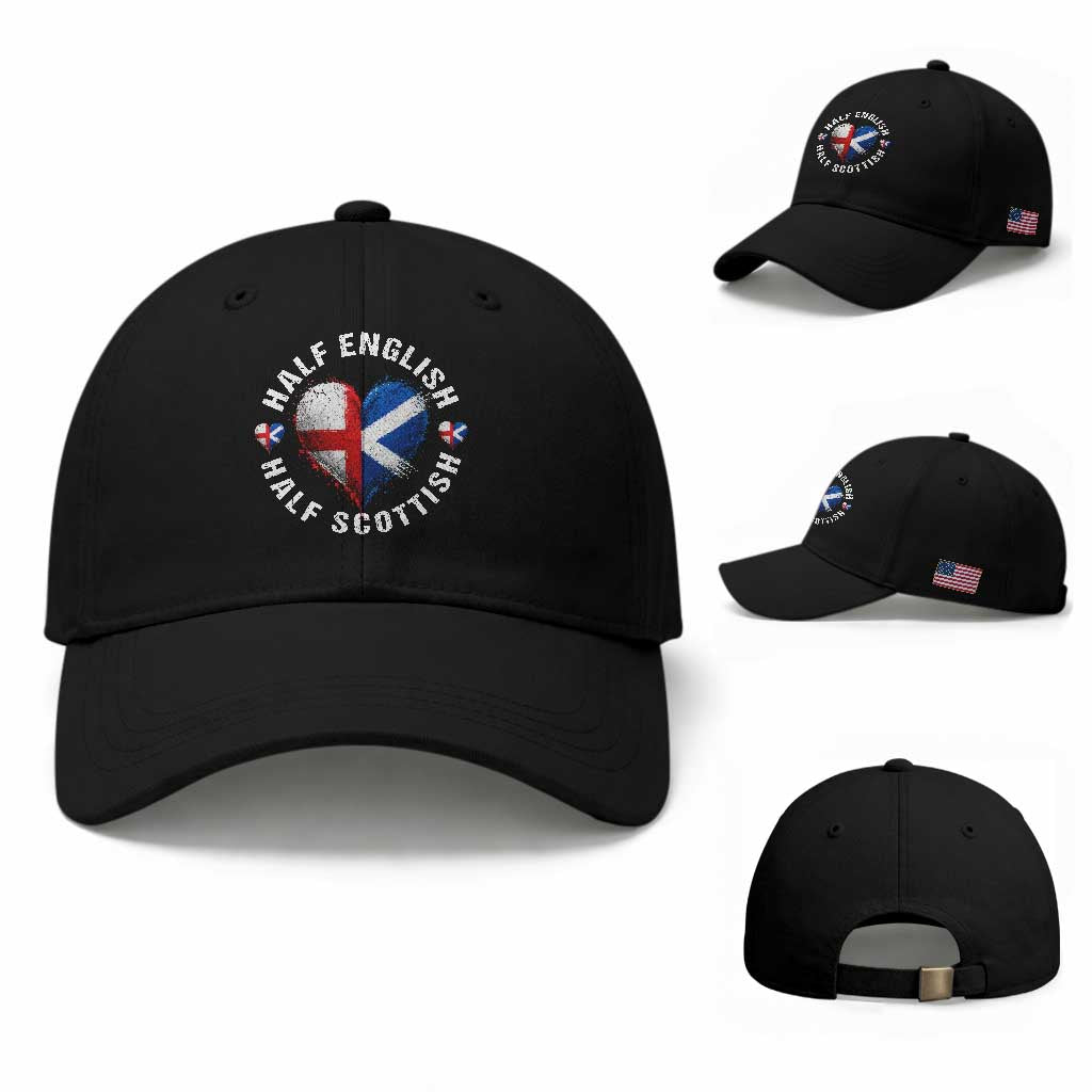 Half English Half Scottish Heritage Baseball Cap Heart St Georges Cross and Saltire Pride TS02 Baseball Cap Universal Fit Black Print Your Wear