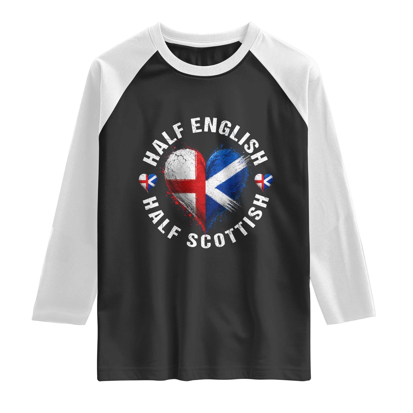 Half English Half Scottish Heritage Raglan Shirt Heart St Georges Cross and Saltire Pride TS02 Black White Print Your Wear