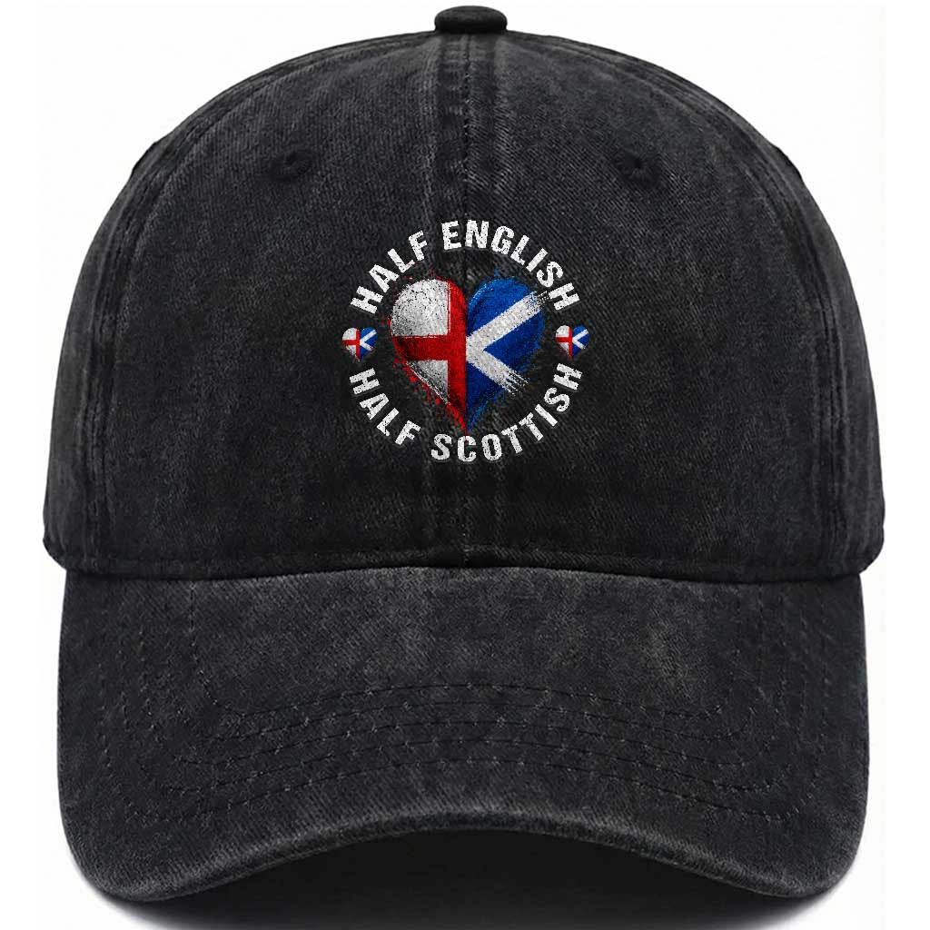 Half English Half Scottish Heritage Washed Cotton Baseball Cap Heart St Georges Cross and Saltire Pride TS02 Print Your Wear