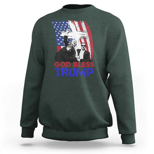 God Bless President Trump Sweatshirt Pennsylvania 2024 Raised Fist American Flag Cross TS02 Dark Forest Green Print Your Wear