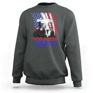 God Bless President Trump Sweatshirt Pennsylvania 2024 Raised Fist American Flag Cross TS02 Dark Heather Print Your Wear